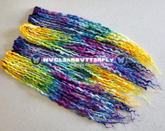 Wool, Silk, & Mohair Dreads &quot;Tie Dye&quot; 35DE 16&quot;-22&quot; Neon Rainbow UV Dreadlocks Wavy Curly Faux Locs - Festival Hair Extensions