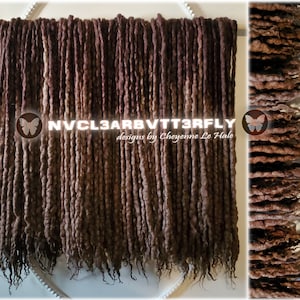 May include: A set of brown and blonde wool dreadlocks with a butterfly logo and the text "NVCL3ARBVTTR3FLY designs by Cheyenne Le Hale".