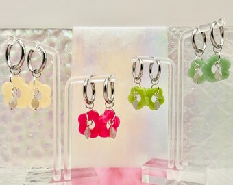 Flower Hoop Earrings • Stainless Steel • Gold or Silver Hoops