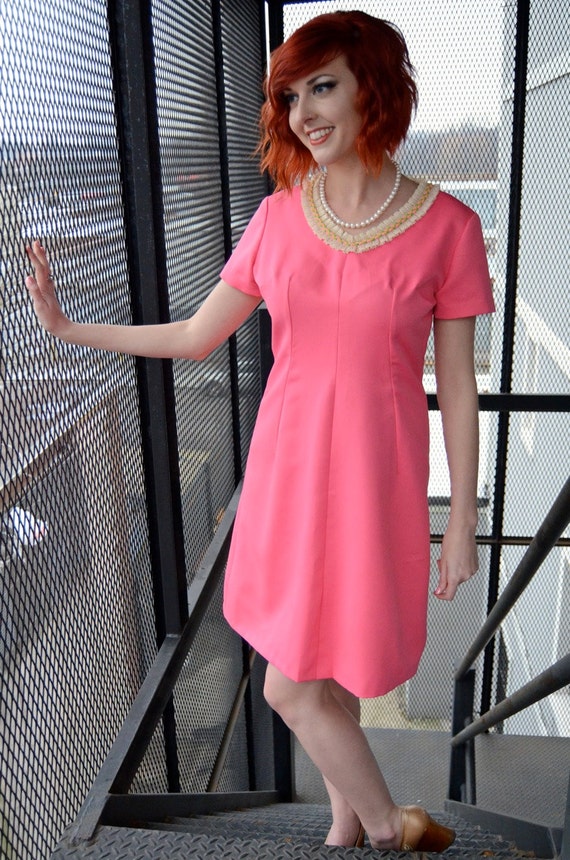 Vintage 60s Hot Pink, Ruffled Collar, Retro, Mini