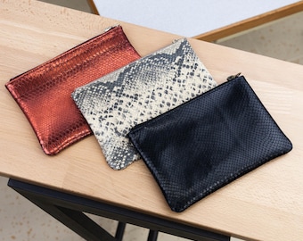 Leather zipper pouch with snake print
