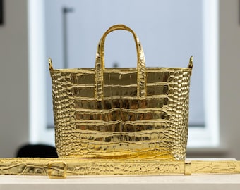 Metallic Leather Mini Tote Bag: Italian Leather Shopper