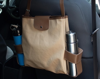 Car Trash Can: Italian Canvas & Leather Auto Organizer