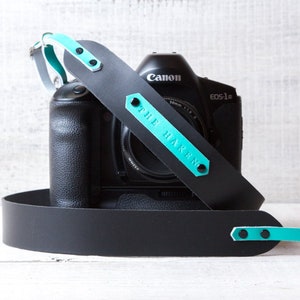 Leather camera strap Personalized DSLR strap Camera straps Monogram camera strap Vintage camera strap Rangefinder Black/Turquoise