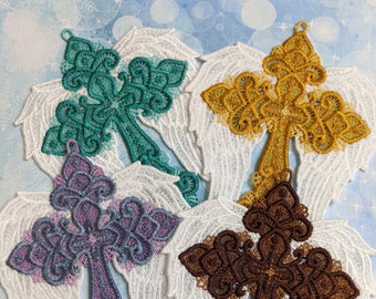 Embroidered Lace Cross with Wings, choose your color.