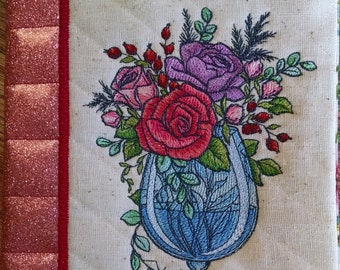 Embroidered Flowers in a wine glass Notebook, Journal, Book Cover, Diary