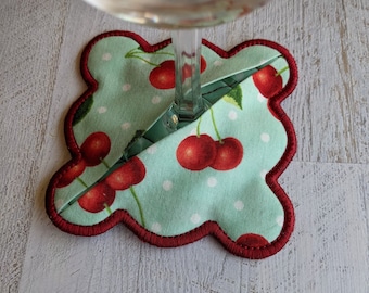Wine Coasters with Pocket, Cherries, Quilted,  Set of 4