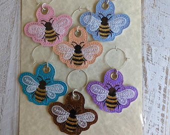 Embroidered Wine Charms set of 6, Bees