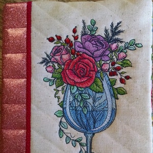 Embroidered Flowers in a wine glass Notebook, Journal, Book Cover, Diary