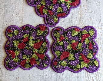 Embroidered Wine Coasters with Pocket, Red and Purple Grapes, Quilted,  Set of 4