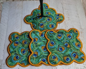 Wine Coasters with Pocket, Peacock Feathers, Quilted,  Set of 4