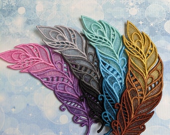 Feather Bookmarks, embroidered lace.