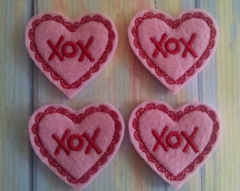 Valentine Heart, Red & Pink XOX Felt Embellishment, set of 4, Felties,  2" x 2"