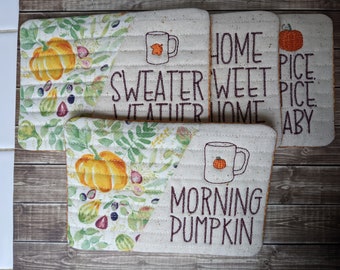 Pumpkin Mug Rugs, Set of 4, Embroidered