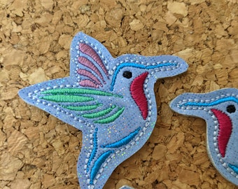 Hummingbird  embroidered on Shimmery vinyl,  Felties, set of 4,  2.0" x 2.0"