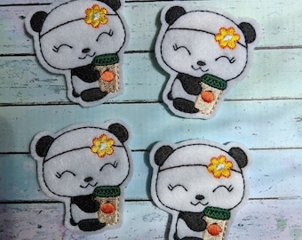 Panda with a pumpkin spice latte, set of 4, CUT Felties,  2.25" x 2"