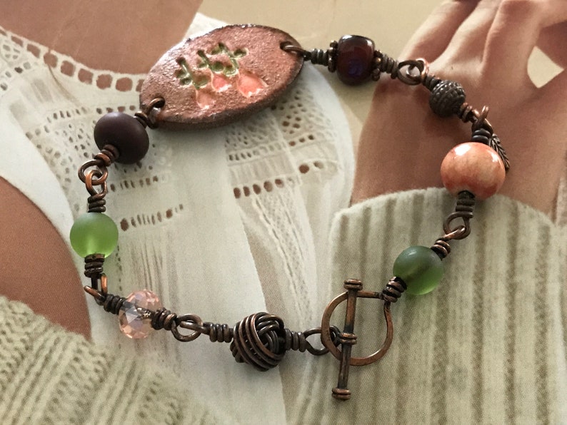 Tulip Bead Bracelet in Handcrafted in Pink Green /& Copper