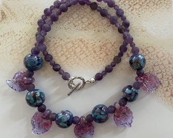 Glistening Leaves Necklace with Artisan Lampwork & Amethysts