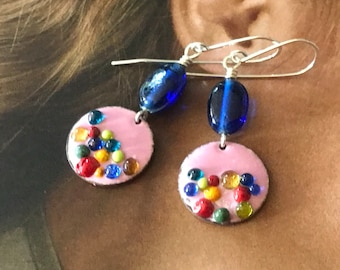 Happy “Penny Perfect” Earrings: Artisan Enamels in Pink with Rainbow Dots & Vintage Glass