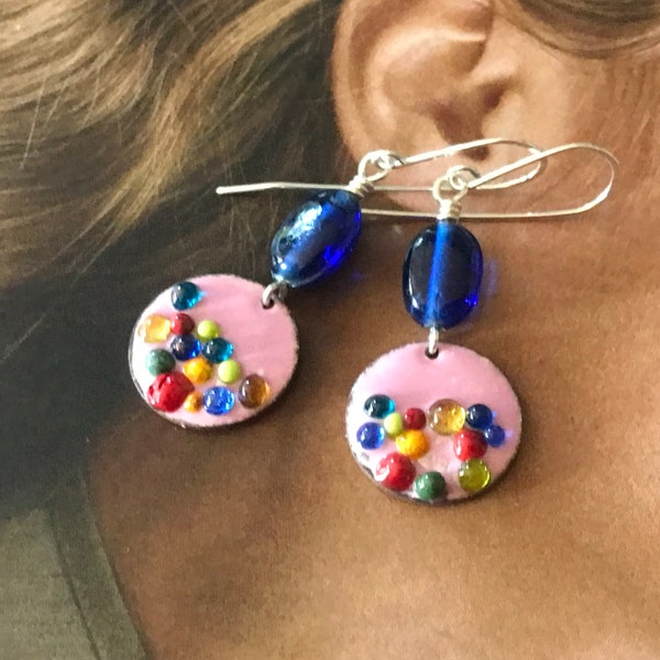 Happy “Penny Perfect” Earrings: Artisan Enamels in Pink with Rainbow Dots & Vintage Glass