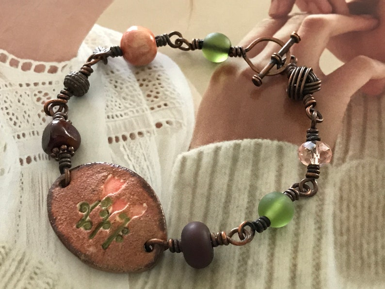 Tulip Bead Bracelet in Handcrafted in Pink Green /& Copper