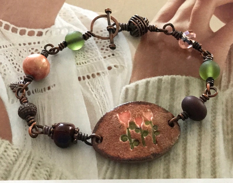 Tulip Bead Bracelet in Handcrafted in Pink Green /& Copper