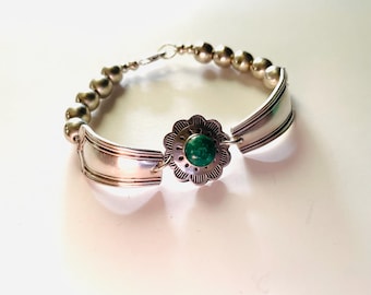 Upcycled Sterling Silver Turquoise Bracelet, Beaded Flatware Jewelry
