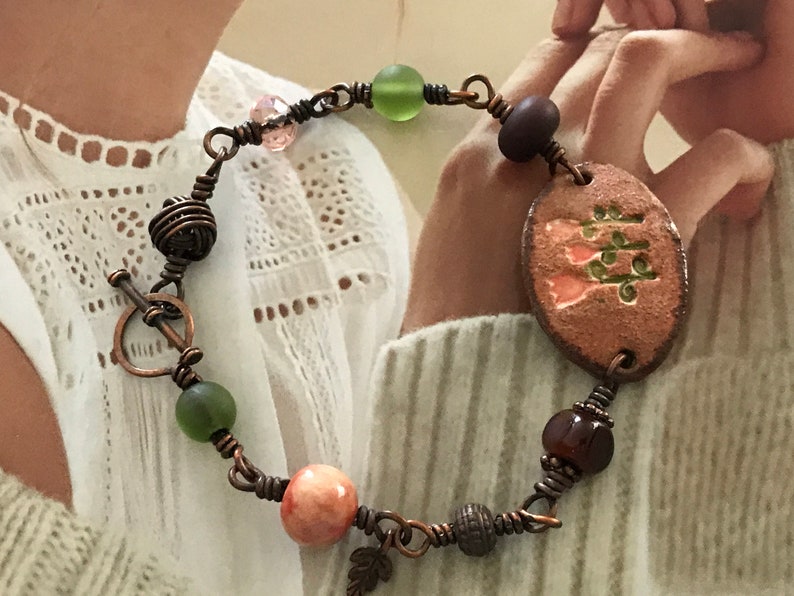 Tulip Bead Bracelet in Handcrafted in Pink Green /& Copper