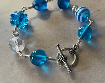 Teal Lampwork Bead Bracelet with Vintage Glass, Sterling Silver