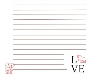 Könnte beinhalten: Ein weißes, liniertes Papier mit einer roten Elefantenillustration auf der linken Seite und einer roten Elefantenillustration mit dem Wort "LOVE" auf der rechten Seite.
