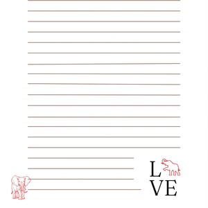以下が含まれることがあります： 左側に赤い象のイラスト、右側に赤い象のイラストと「LOVE」の文字が書かれた白い罫線入り紙です。