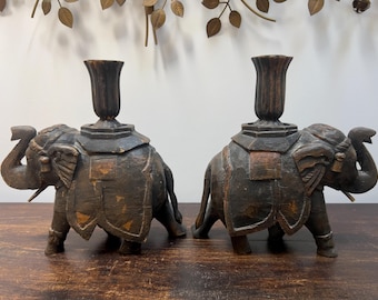 Vintage Distressed Carved Wood Elephant Candleholders