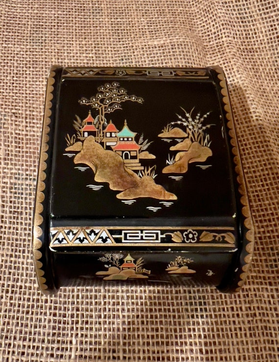 Chinese Asian Mid-Century Black Gold Tole Box - image 1