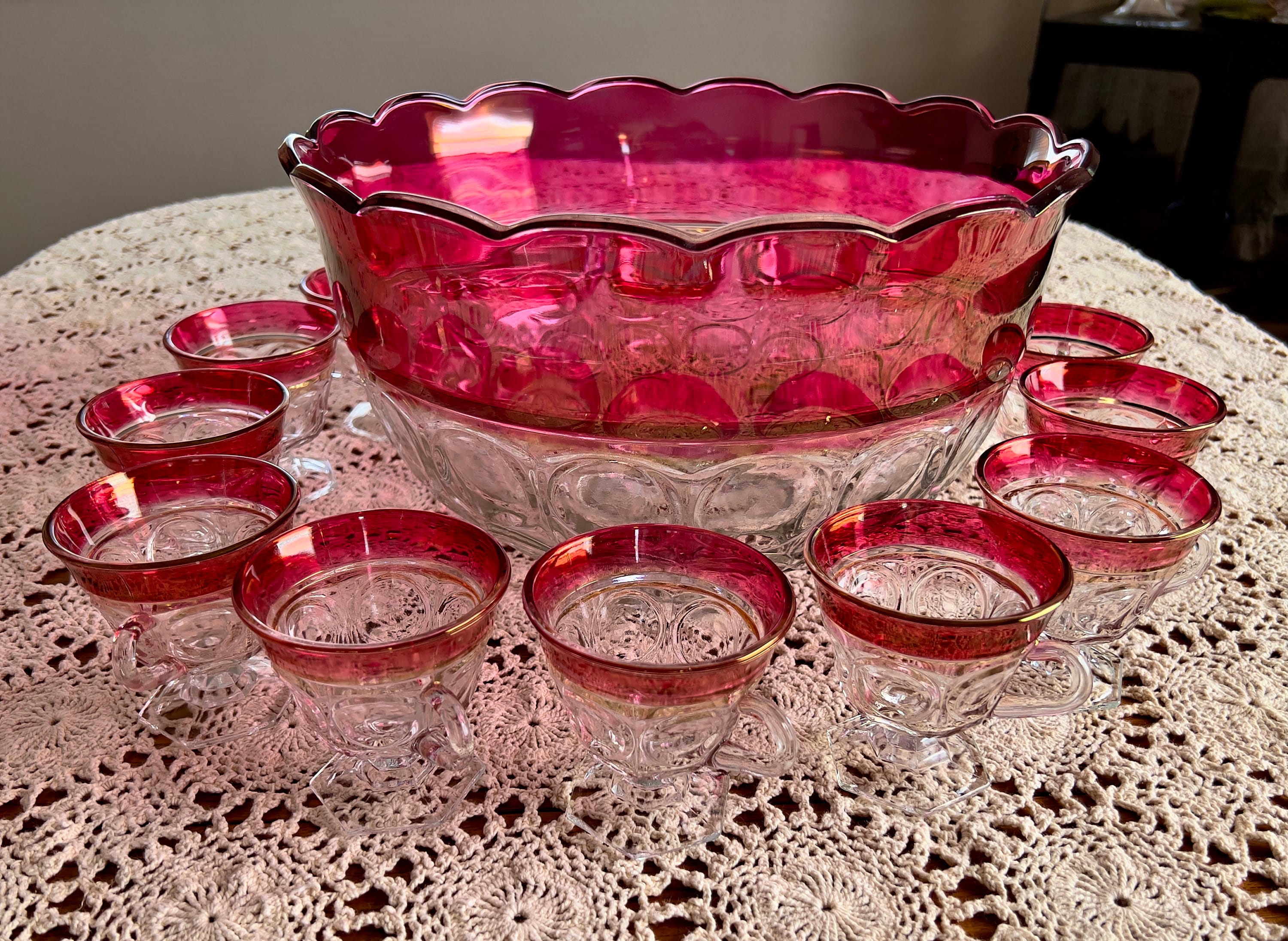 Vintage Kings Crown Thumb Print Ruby Flashed Punch Bowl Set with 18