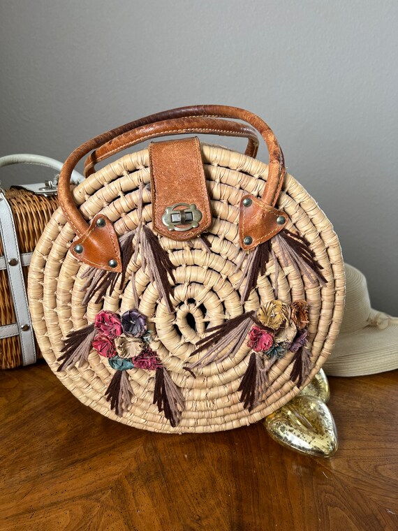 Vintage Mid Century Straw Cylinder Bag