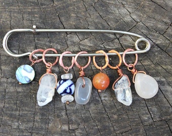 Segnapunti fusi in rame - Fatti a mano - Set di 7 cristalli - Martellati - Adatto fino a 6 mm - Quarzo trasparente, corniola, agata, pietra di luna pesca