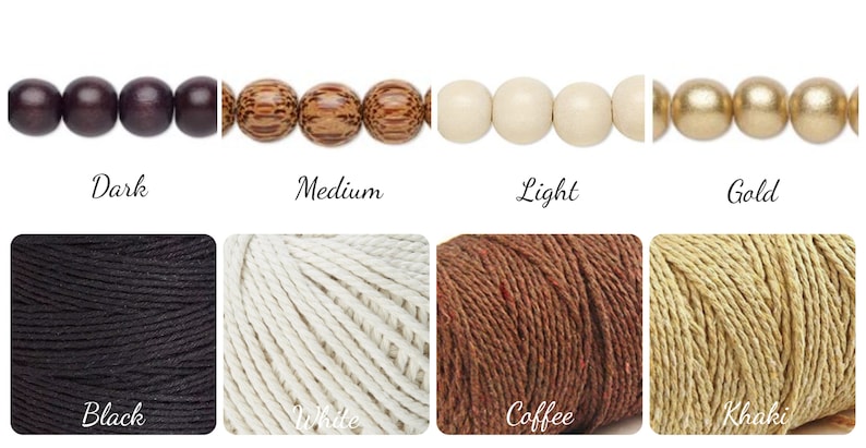 Puede incluir: Una variedad de cuentas y cordones en varios colores. Las cuentas incluyen marr&oacute;n oscuro, marr&oacute;n medio, beige claro y dorado. Los cordones son negros, blancos, marr&oacute;n caf&eacute; y caqui. Etiquetas de texto identifican cada color.