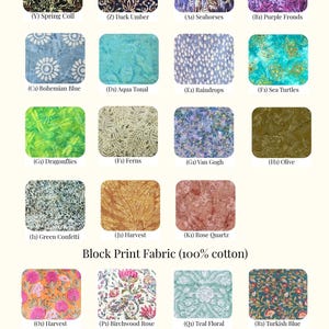 Puede incluir: Un muestrario de telas titulado "Batik Fabrics" y "Block Print Fabric (100% cotton)" con varios dise&ntilde;os. Las muestras incluyen dise&ntilde;os florales, abstractos e inspirados en la naturaleza en colores como azul, verde y rojo. Tambi&eacute;n se ve el texto "Spring 2026".
