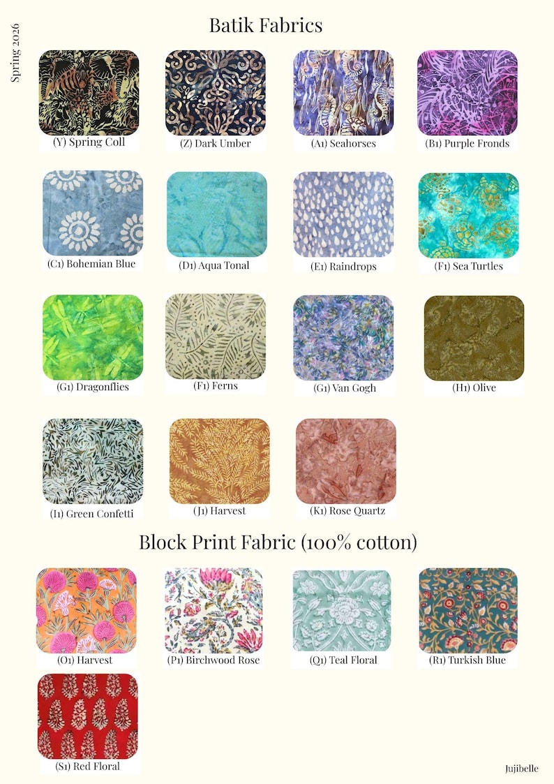 Puede incluir: Un muestrario de telas titulado "Batik Fabrics" y "Block Print Fabric (100% cotton)" con varios dise&ntilde;os. Las muestras incluyen dise&ntilde;os florales, abstractos e inspirados en la naturaleza en colores como azul, verde y rojo. Tambi&eacute;n se ve el texto "Spring 2026".