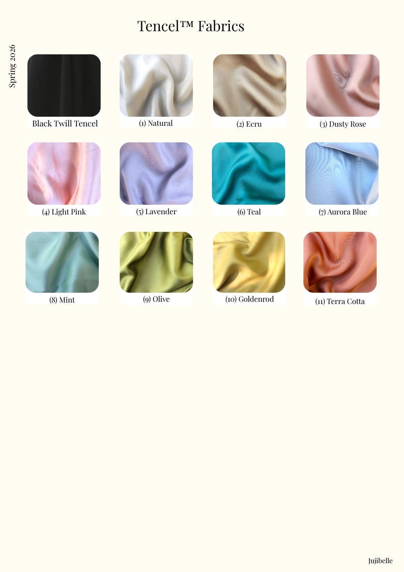 Puede incluir: Una exhibici&oacute;n de muestras de tela Tencel en varios colores. La imagen incluye muestras etiquetadas: Black Twill Tencel, Natural, Ecru, Dusty Rose, Light Pink, Lavender, Teal, Aurora Blue, Mint, Olive, Goldenrod y Terra Cotta.