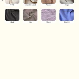 Puede incluir: Imagen que muestra ocho muestras de telas 100% lino. Los colores incluyen marfil, moteado natural, almendra, topo, negro, arcilla, malva y aciano. El texto "100% Linen Fabrics" est&aacute; en la parte superior, con "Spring 2026" a la izquierda.