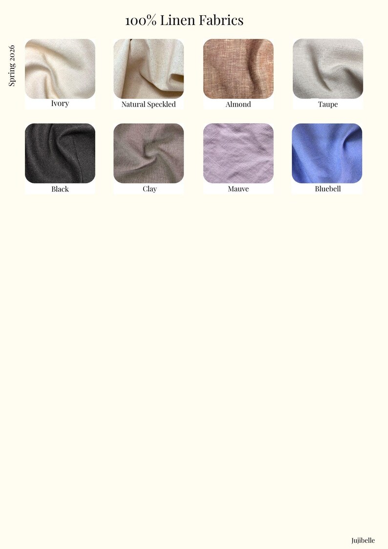 Puede incluir: Imagen que muestra ocho muestras de telas 100% lino. Los colores incluyen marfil, moteado natural, almendra, topo, negro, arcilla, malva y aciano. El texto "100% Linen Fabrics" est&aacute; en la parte superior, con "Spring 2026" a la izquierda.