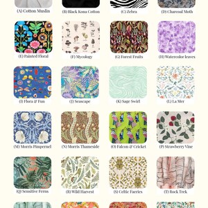 Puede incluir: Una muestra de telas estampadas de algod&oacute;n con diversos dise&ntilde;os, incluyendo estampados florales, de animales y abstractos. La paleta de colores es diversa, con negro, blanco, azul, verde y rojo. Cada tela est&aacute; etiquetada con un nombre, como "Zebra" y "Night Owl".