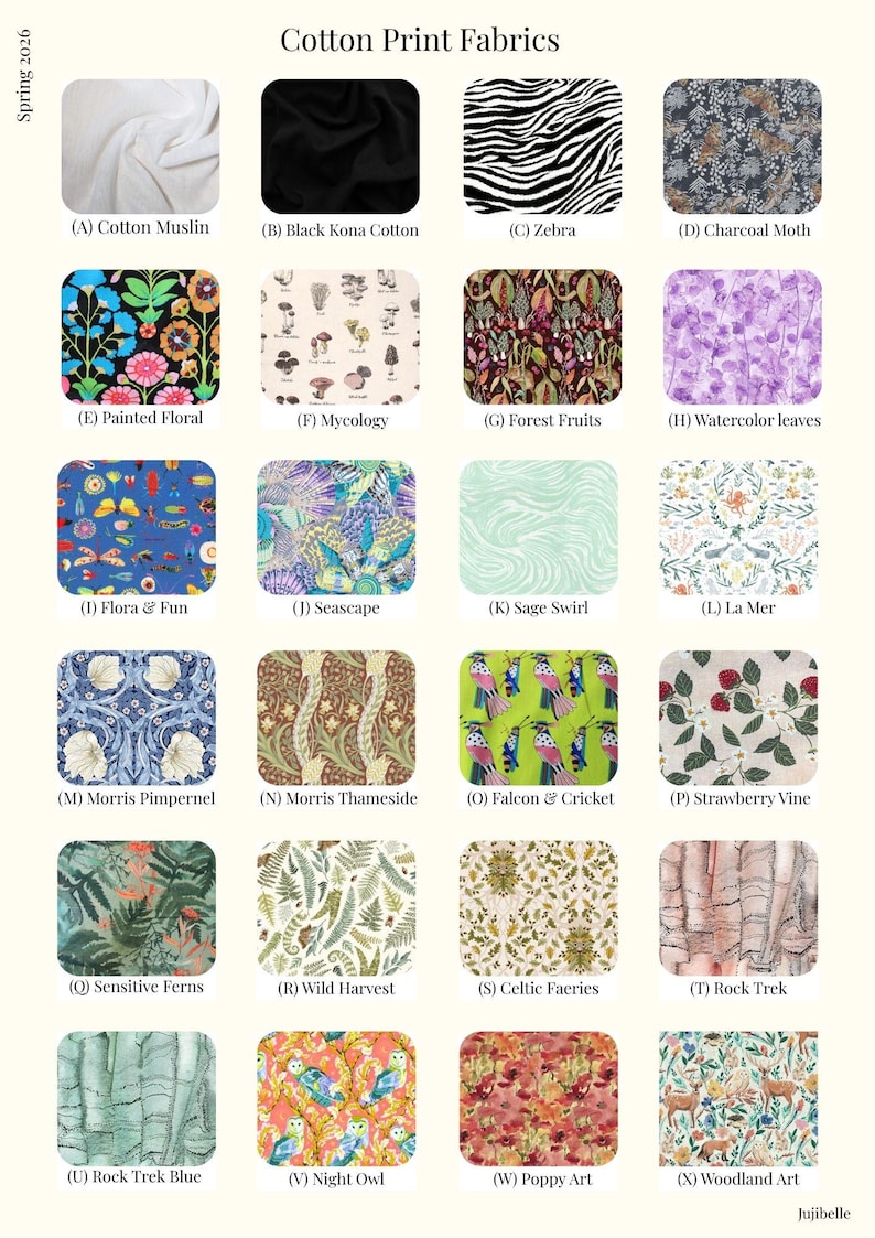 Puede incluir: Una muestra de telas estampadas de algod&oacute;n con diversos dise&ntilde;os, incluyendo estampados florales, de animales y abstractos. La paleta de colores es diversa, con negro, blanco, azul, verde y rojo. Cada tela est&aacute; etiquetada con un nombre, como "Zebra" y "Night Owl".