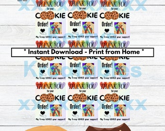 May include: Nine printable thank you cards for Girl Scout cookie orders. Each card features a colorful rainbow background with a Girl Scout in uniform, a heart, and a cookie graphic. The text on the cards reads "Thank You for your Cookie Order! My Troop LOVES your support!" and "Instant Download - Print from Home".