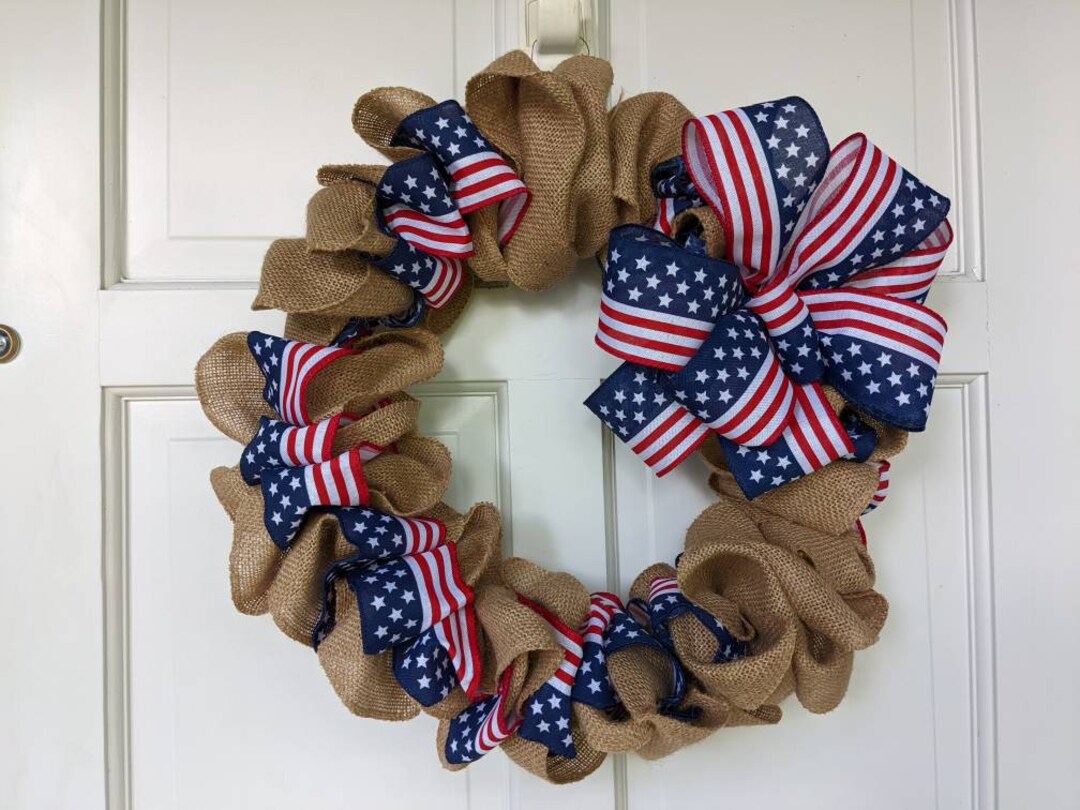 Burlap Wreath 16" Patriotic Fourth of July American Flag Day Ribbon ...