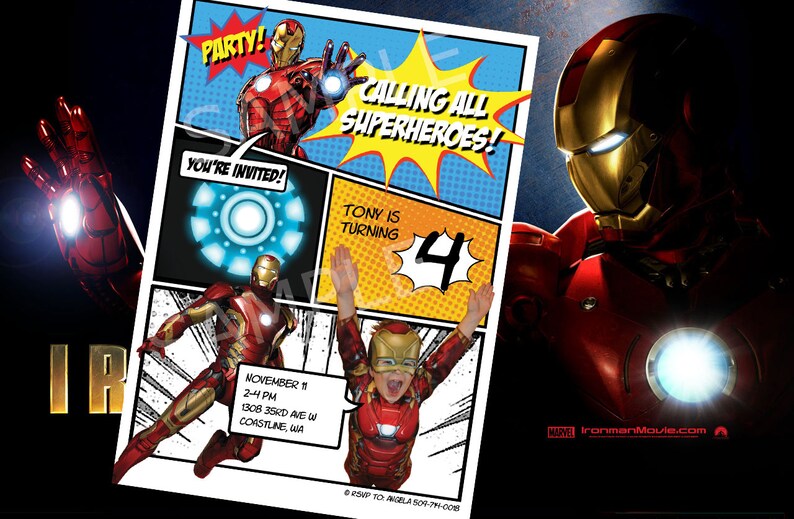 Super Hero Iron Man A vengers Marve Birthday invitation DIGITAL FILE NOT Instant Download zdjęcie 1