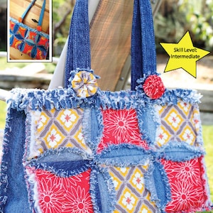 May include: A denim circle rag bag with a patchwork design featuring red, yellow, and gray fabric squares. The bag has two denim straps and a frayed edge. The text "Inventive Denim" and "The Denim Circle Rag Bag" are visible on the image. The text "Skill Level: Intermediate" and "ID-1210" are also visible.