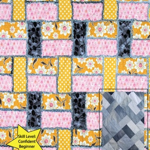 May include: A quilt pattern featuring a patchwork design of denim fabric in shades of blue, pink, yellow, and black. The quilt is made up of rectangular pieces of fabric sewn together to create a brick-like pattern. The quilt is labeled "Straight Leg Denim Rag Quilt" and "A "quilt-as-you-go" project!" and "ID-1206".