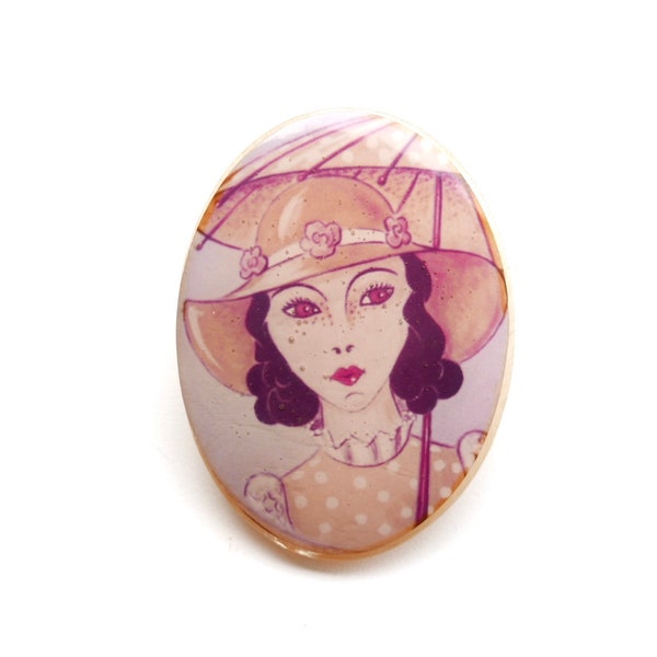 1960s french bakelite brooch, brune woman with hat and umbrella / Lea Stein style, vintage, pale pink jewelry, kitsch gift, freckles, pastel